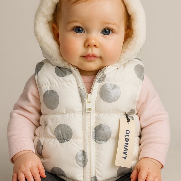 NWT Old Navy White Silver Polka Dot Baby Puffer Vest Size 3-6 Months Adorable - Picture 1 of 9